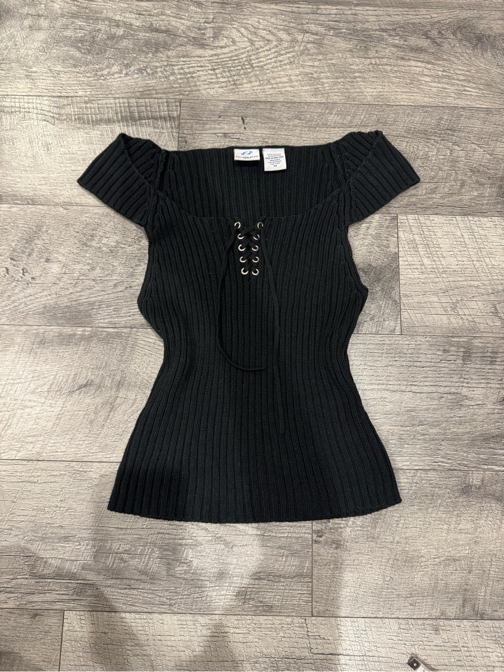 Anchor Blue: Y2K Black Rib-Knit Lace-Up Cold Shoulder Off Shoulder Sweater M